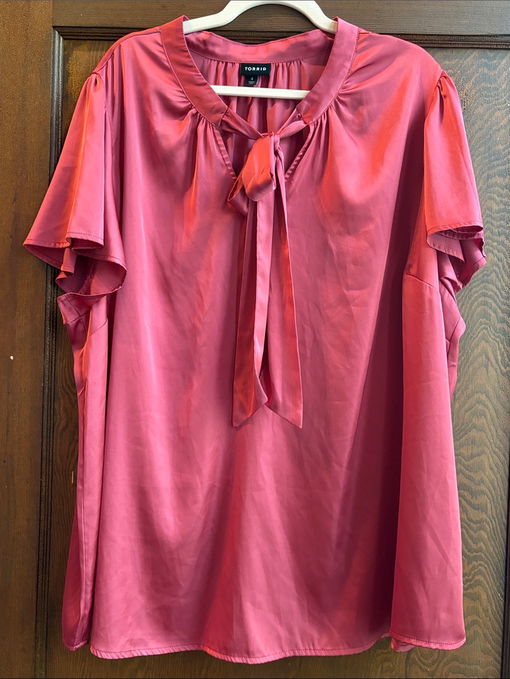 torrid Rosy Rust Satin Tie-Neck Short Sleeve Blouse